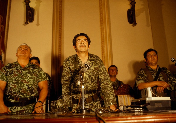 Brigadier General José Efraín Rios Montt, flanked by General Horacio Egberto Maldonado Schaad and Colonel Francisco Luis Gordillo Martínez, at first press conference on 23 March 1982, National Palace, Guatemala City.
