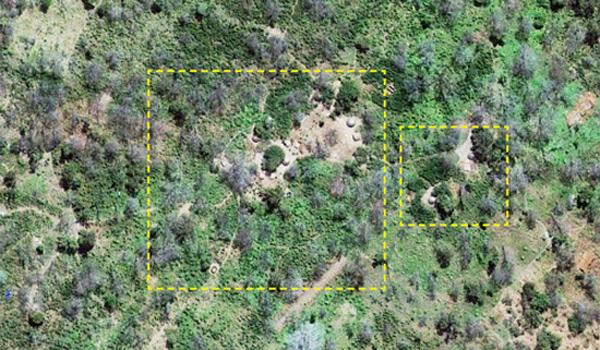 Satellite image of likely LRA camp in Kafia Kingi. Click to see full image . (Photo Credit: Digitial Globe 2013).