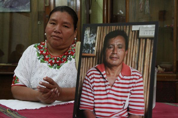Angelica Choc during a press conference announcing a legal suit against Canadian mining company Hudbay Minerals for the murder of her husband Adolfo Ich (pictured) in Guatemala City (Photo Credit: James Rodriguez, mimundo.org).