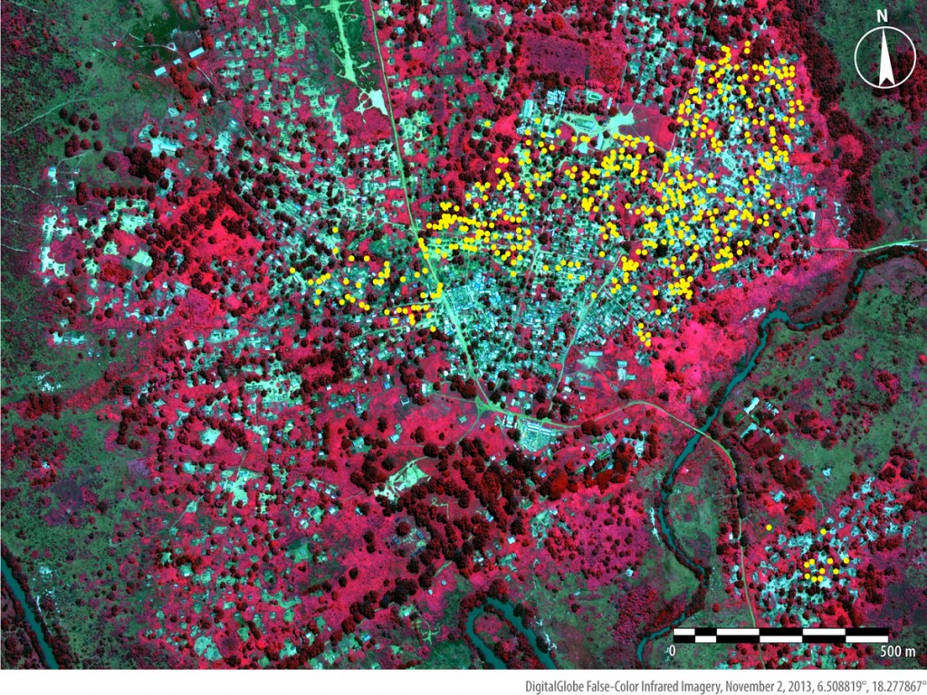 In the Bouca area, approximately 485 structures—represented here by yellow dots—appear burned in imagery from November 2013. Image (c) DigitalGlobe 2013.