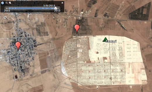 Zaatari refugee camp in Jordan, March 2013. Click to explore. Image © DigitalGlobe 2013 © Google Earth