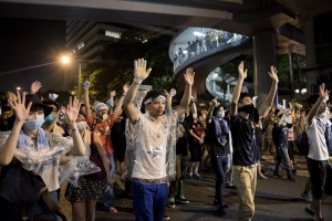 Pro-democracy protesters put their hands up in the air in front of the police in Hong Kong on September 28, 2014. Police fired tear gas as tens of thousands of pro-democracy demonstrators. (Alex Ogle/AFP/Getty Images)