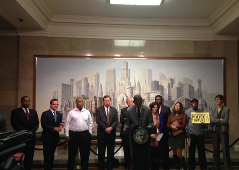 Oct 2, 2014 - Press conference with Alder attorneys, activists and Burge torture survivors calling on the City Council and Mayor Emmanuel to pass the ordinance providing Reparations for the Chicago Police Torture survivors.