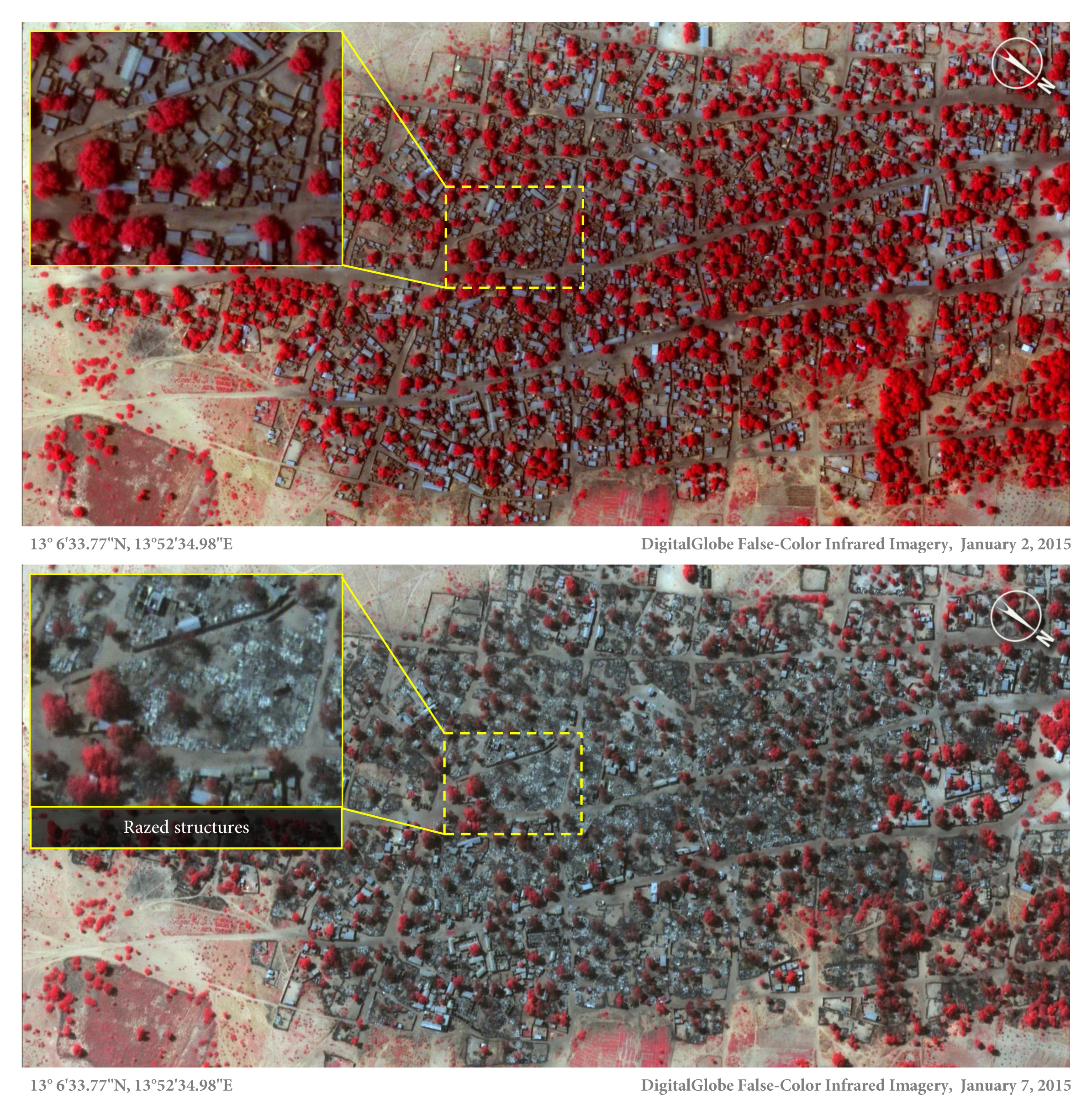 Satellite image of the village of Doro Baga (aka Doro Gowon) in north-eastern Nigeria taken on 2 Jan 2015. Image shows an example of the densely packed structures and tree cover. Satellite image 2, taken on 7 Jan 2015, shows almost all of the structures razed. The inset demonstrates the level of destruction of most structures in the town. The red areas indicate healthy vegetation.