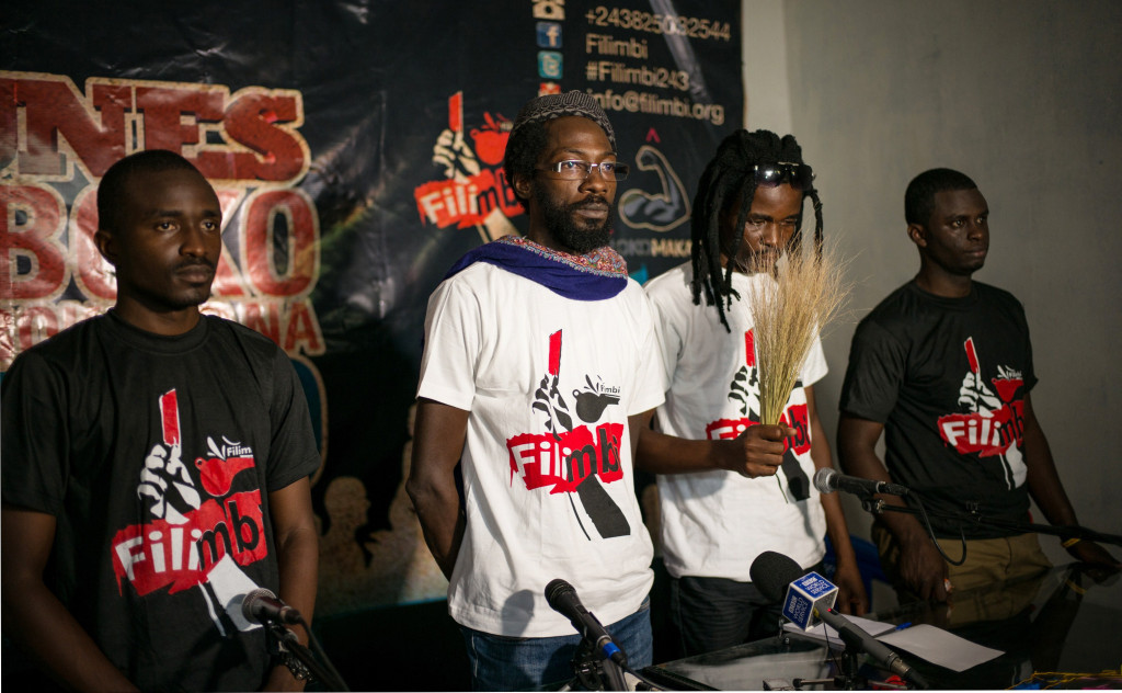 Fadel Barro, one of the leaders of Y'en a Marre (We're Fed Up) movement and Oscibi Johann, one of the leaders of Burkina Faso's Balai Citoyen (Citizens Broom) at a press conference in Kinshasa on March 15, 2015 before several activists were detained. (Photo: FEDERICO SCOPPA/AFP/Getty Images)