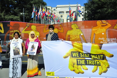 Vigil for victims of enforced disappearances in Sri Lanka, on Place des Nations in front of the UN building in Geneva, Switzerland, 12 March 2015.  Sandya Eknaligoda, wife of journalist Prageeth Enaligoda, who disappeared in Sri Lanka in January 2010. Sithy Yameena, mother of Mohamed Hakeem, who disappeared in March 2009 in Sri Lanka.