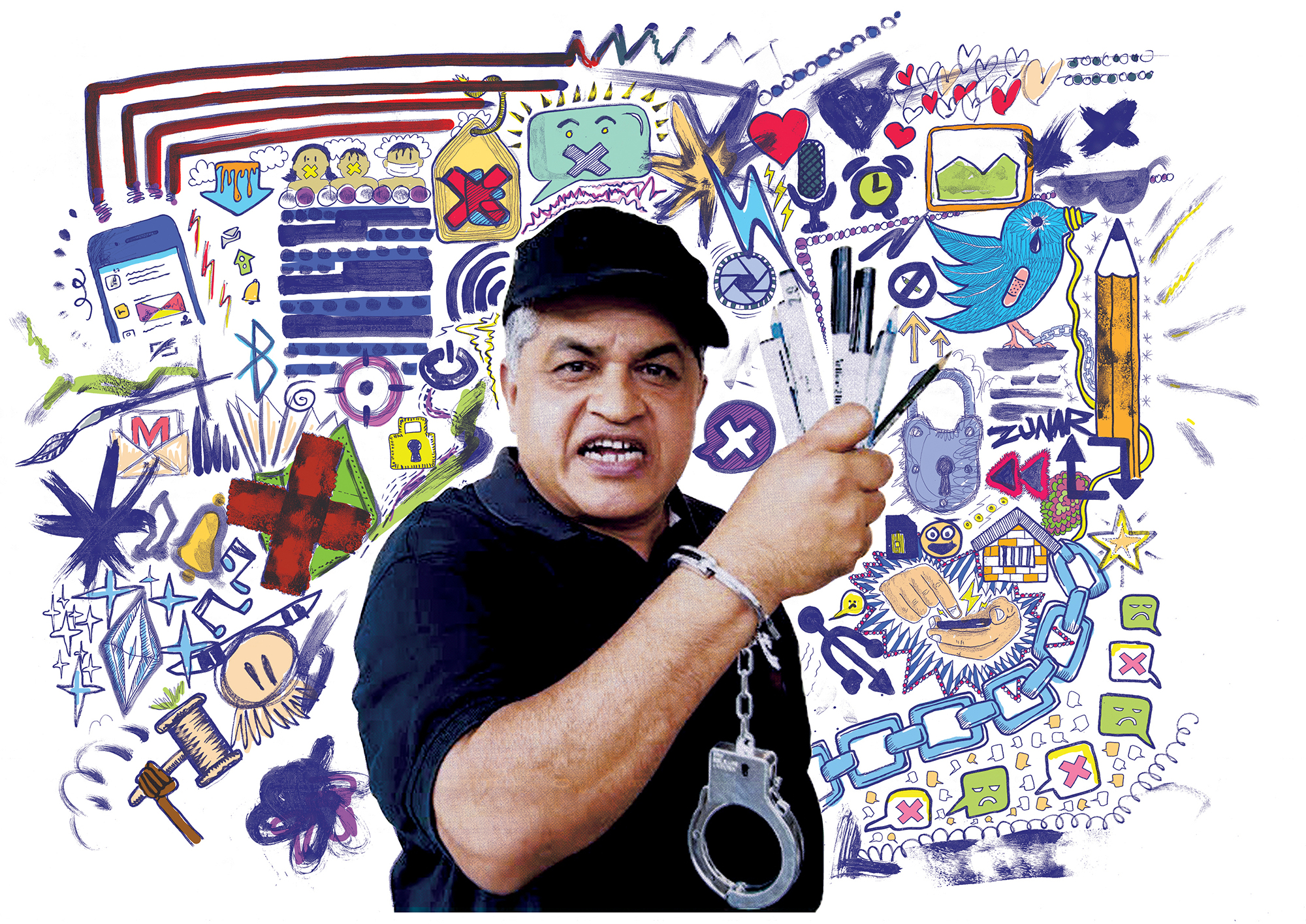 Drawing with embedded photograph showing one of this years cases for Write for Rights. All design assets associated with this campaign available here: https://amnesty.app.box.com/s/9w3s2c96tz7kl0i26gb914bj0ua1qvlb Zulkiflee Anwar “Zunar” Ulhaque faces a lengthy jail sentence after taking to Twitter to condemn the jailing of Malaysian opposition leader Anwar Ibrahim. Zunar is a political cartoonist well known for his satirical attacks on government corruption and electoral fraud. He now faces nine charges under the Sedition Act, a draconian, outdated law from 1948 dredged up to grant the government sweeping powers to arrest and lock up its critics. In the first six months of 2015, more than 40 journalists, academics, political activists and lawyers were interrogated, arrested or charged under the Sedition Act. The space for dissent and debate in Malaysia is disappearing fast.