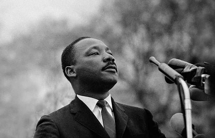 Martin Luther King Jr. speaks to the crowds at Montgomery. Photo: Stephen Somerstein