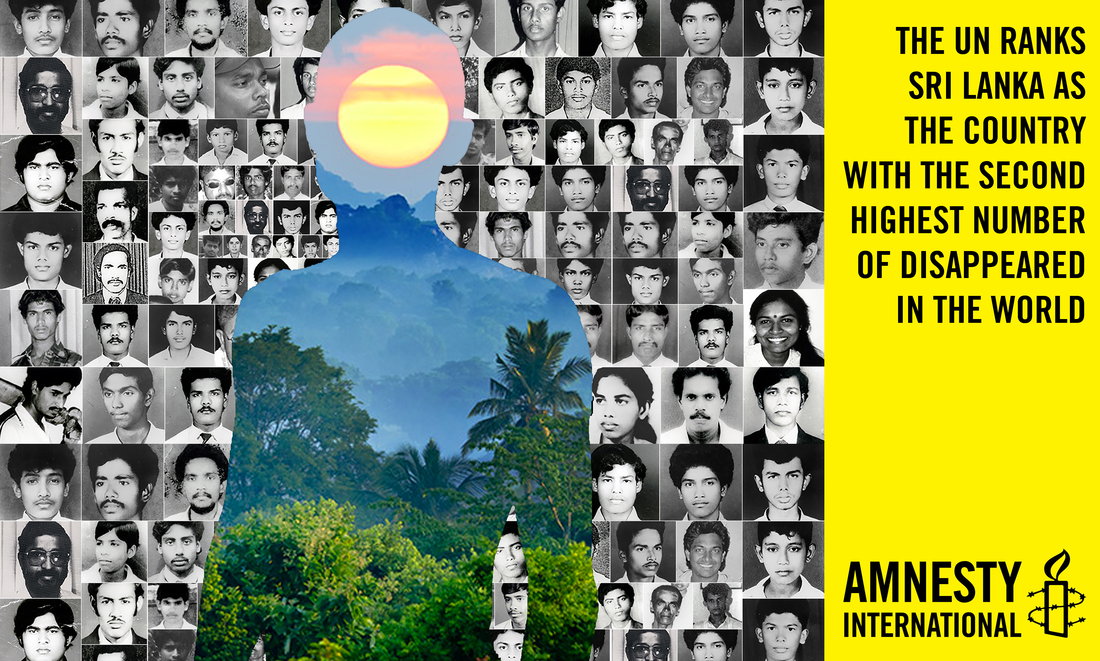 Images produced to highlight disappearances in Sri Lanka over the past 30 years.  Produced to coincide with Amnesty International's "Silenced Shadows”, a poetry competition on disappearances in Sri Lanka. Full details: http://join.amnesty.org//ea-campaign/action.retrievestaticpage.do?ea_static_page_id=4326 Text reads: The UN ranks Sri Lanka as the country with the second highest number of disappeared in the world.