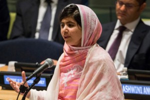 Malala Yousafzai, the 16-year-old Pakistani advocate for girls education who was shot in the head by the Taliban, speaks at the United Nations Youth Assembly on July 12, 2013 in New York City.  (Photo Credit: Andrew Burton/Getty Images)