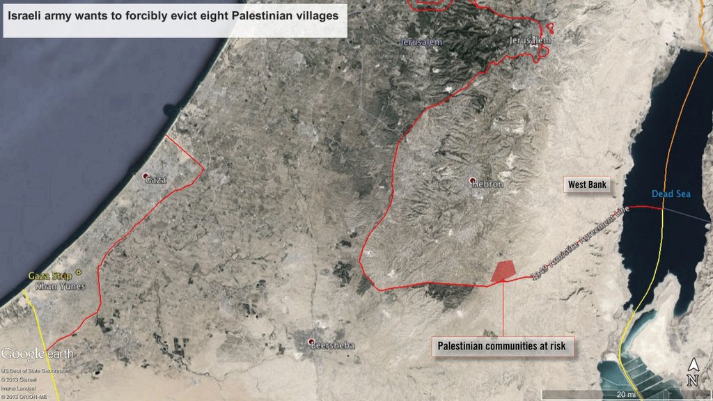The Israeli army wants to forcibly evict the roughly 1,000 residents of eight Palestinian villages southeast of Hebron in the occupied West Bank © Google Earth. Image ©  Landsat 2013.